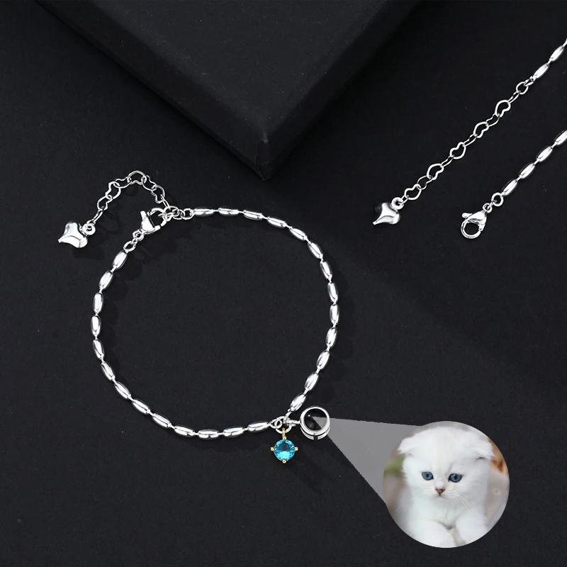 Personalized Birthstone Custom Photo Projection Bracelet Silver Color Rice Beads Chain Commemorative Jewelry Gifts Drop Shipping
