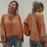 new women ethnic style retro t shirt long sleeve bohemian printed top with neckline bandage blouse for dailyvacation