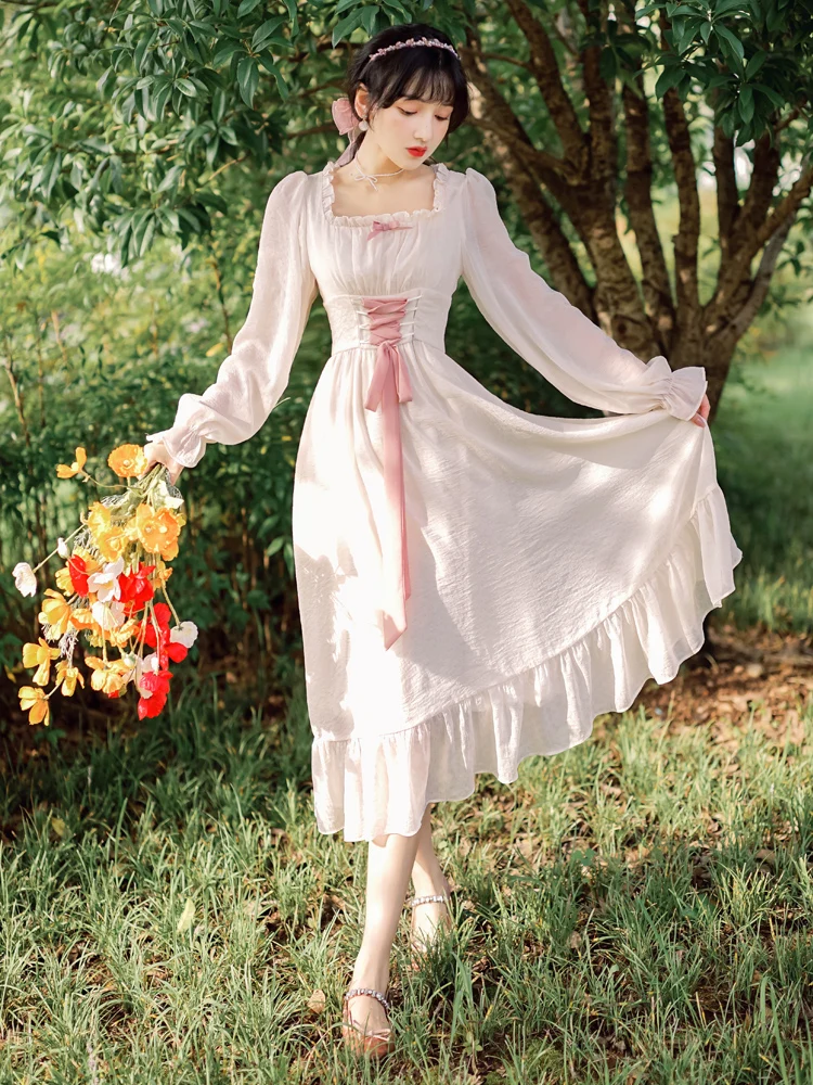 

Spring Girls' Pastoral Style French Palace Style Retro Fairy White First Love Lace Gentle Tea Break Dress