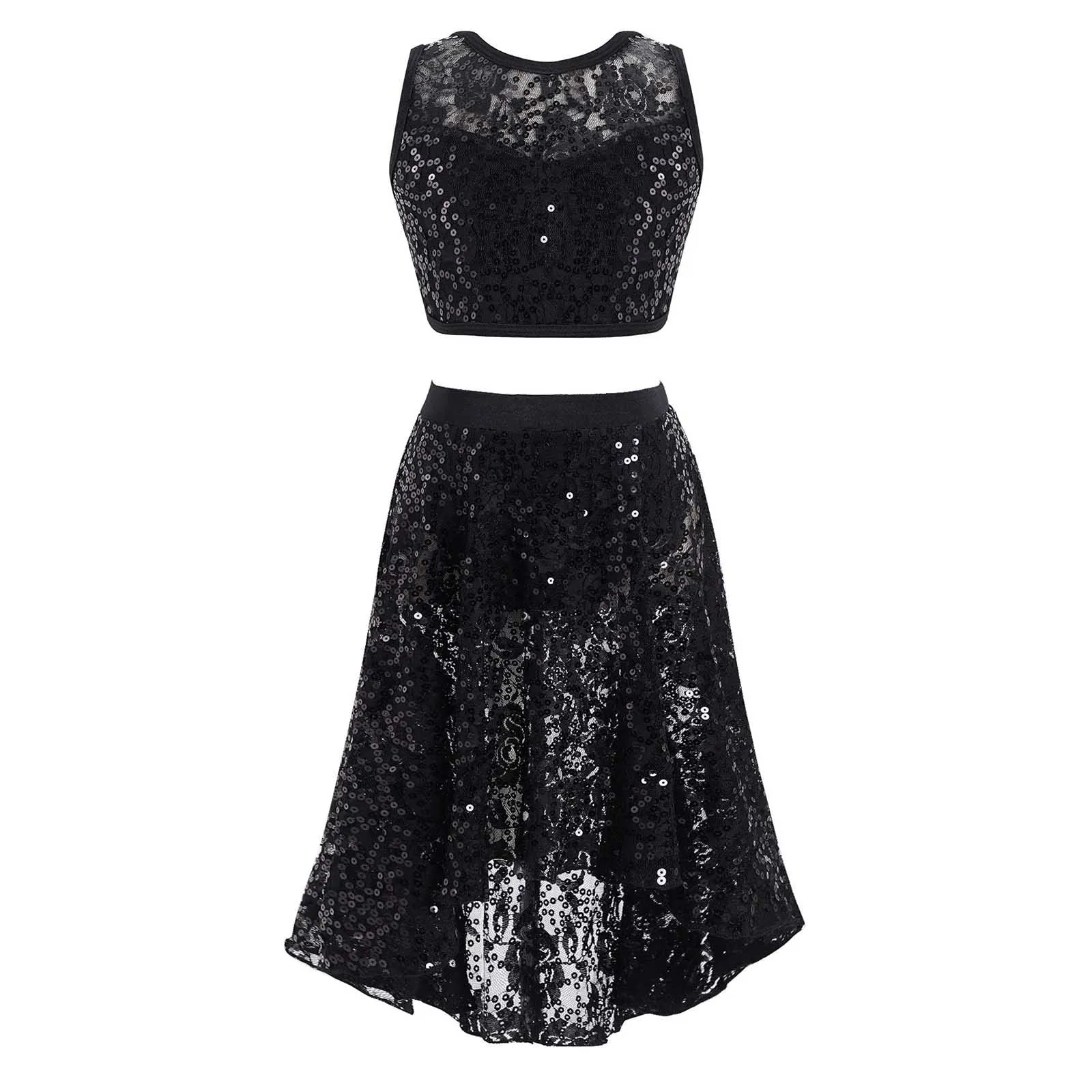 

Kids Girls Dance Clothes Set Sleeveless Round Neckline Hollow Back Sequins Mesh Crop Top Elastic Waistband Irregular Hem Skirt