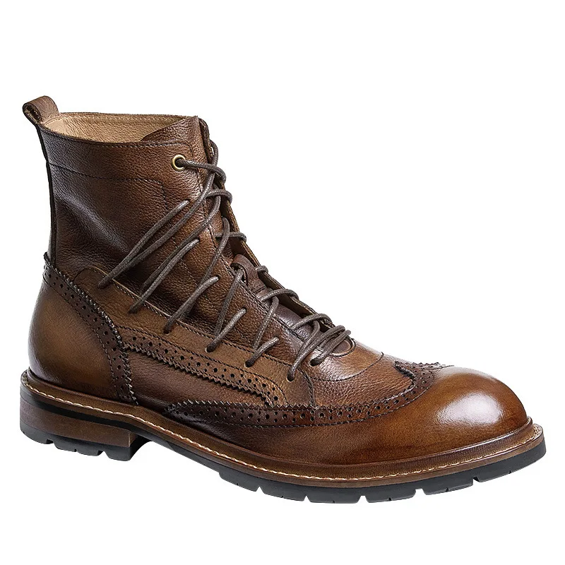 

Cowhide Thick-soled Boots Men Tide Short Boots Motorcycle Boots Tooling Boots High-top Slip on Genuine Leather Combat Boots