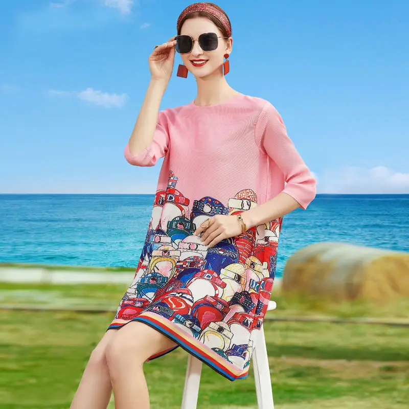 

Large size dress women's loose fashion temperament pink age-proof printing long fold round neck dress 2022 new half sleeve dress