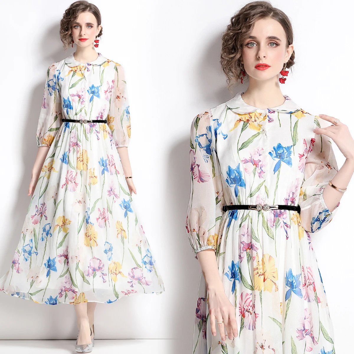 

Vintage quartered sleeve floral dress new print long skirt with belt HL99180100