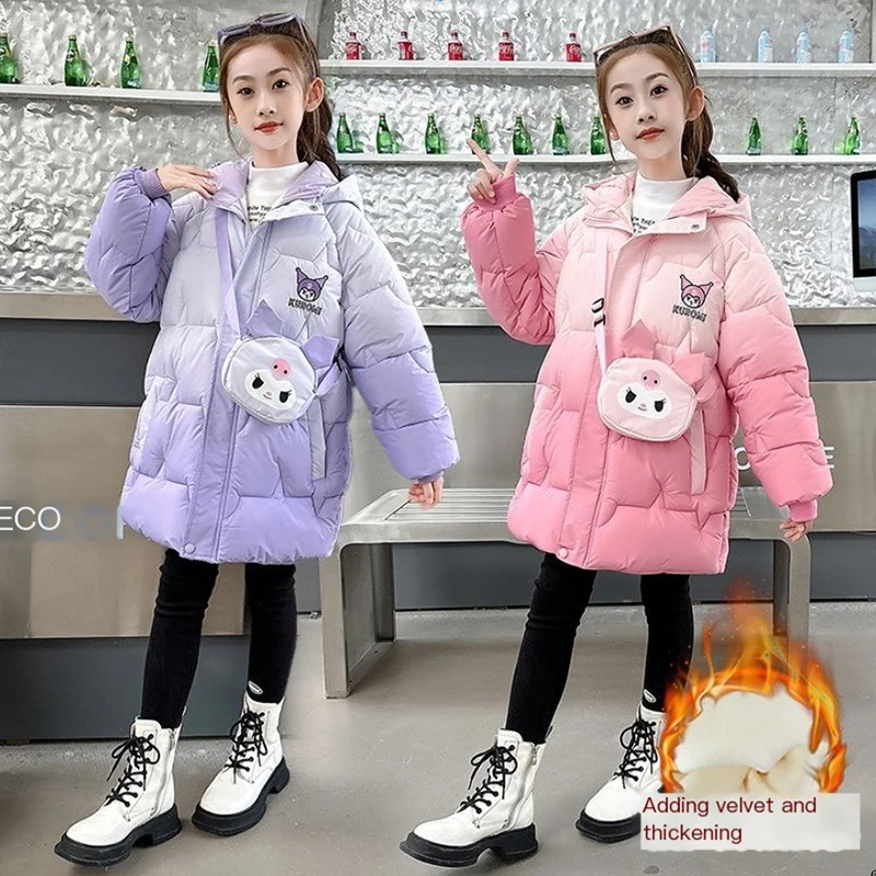 

2023 Sanrio Kuromi Kawaii Anime Girly Heart Winter Girls Mid Length Down Jacket Cute Cartoon Thick Jacket Hooded Coat Toys Kids