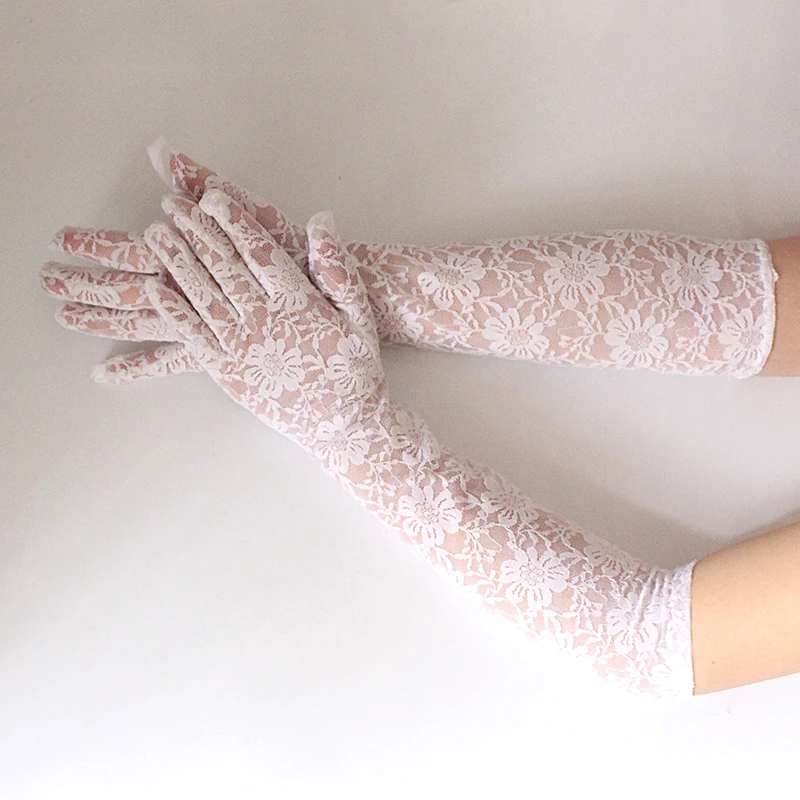 

Women Lace Long Gloves Ultra-Thin Sunscreen Mesh Gloves Driving Cycling Gloves Black White Sexy Full Fingers Mittens For Wedding