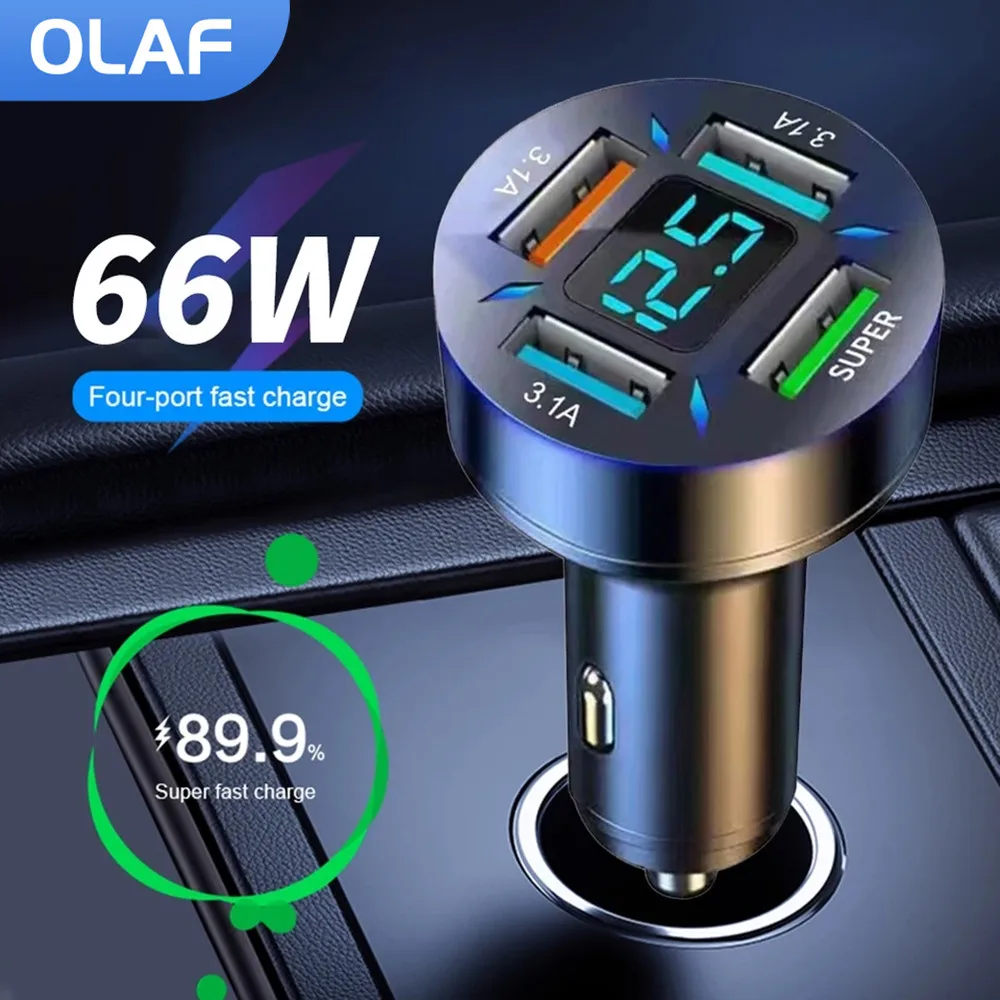 

Olaf 4 Ports 66W USB Car Charger Fast Charging Qucik Charge 3.0 QC3.0 PD 20W Type C Car USB Charger For iPhone Xiaomi Samsung