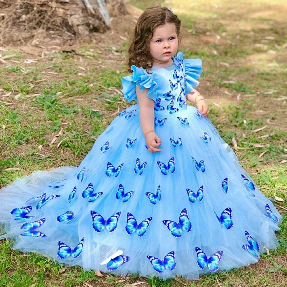 

2022 New Arrival Butter Fly Ruffles Princess Flower Girl Dresses Lace Birthday Pageant Communion Robe De Demoiselle Baby Party