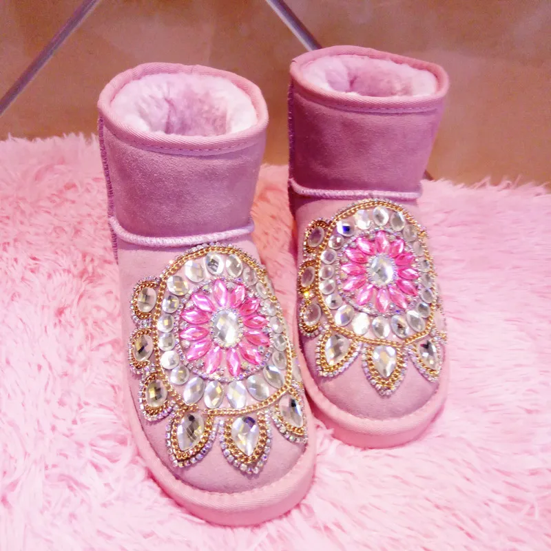 Handmade Rhinestones Women's Shoes Fur Snow Boots 2023 Winter New Round Toe Warm Flashing Diamond Cotton Shoes Ankle Boots Pink