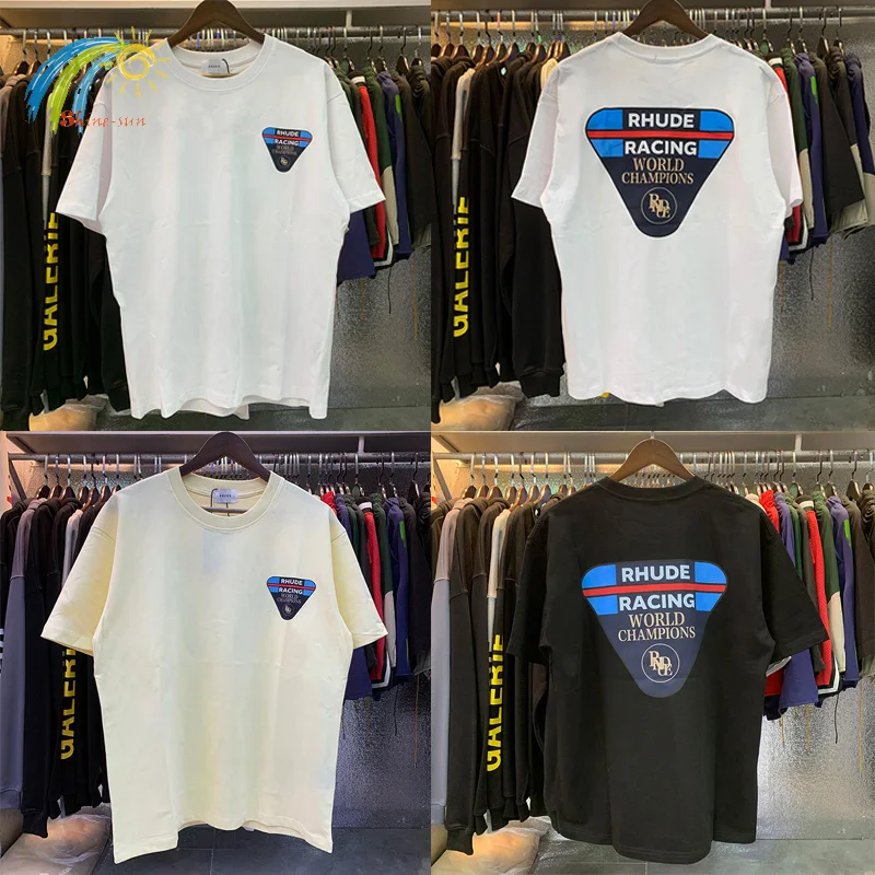 

Racing Trophy Style Rhude T-Shirt Men Women 100% Cotton Apricot Black White Top Tee Streetwear Loose Casual Rhude Short Sleeve
