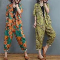 linen suit women 2022 summer short sleeve korean floral printed cotton and linen blazer jacket harlan pants 2 piece set h1115