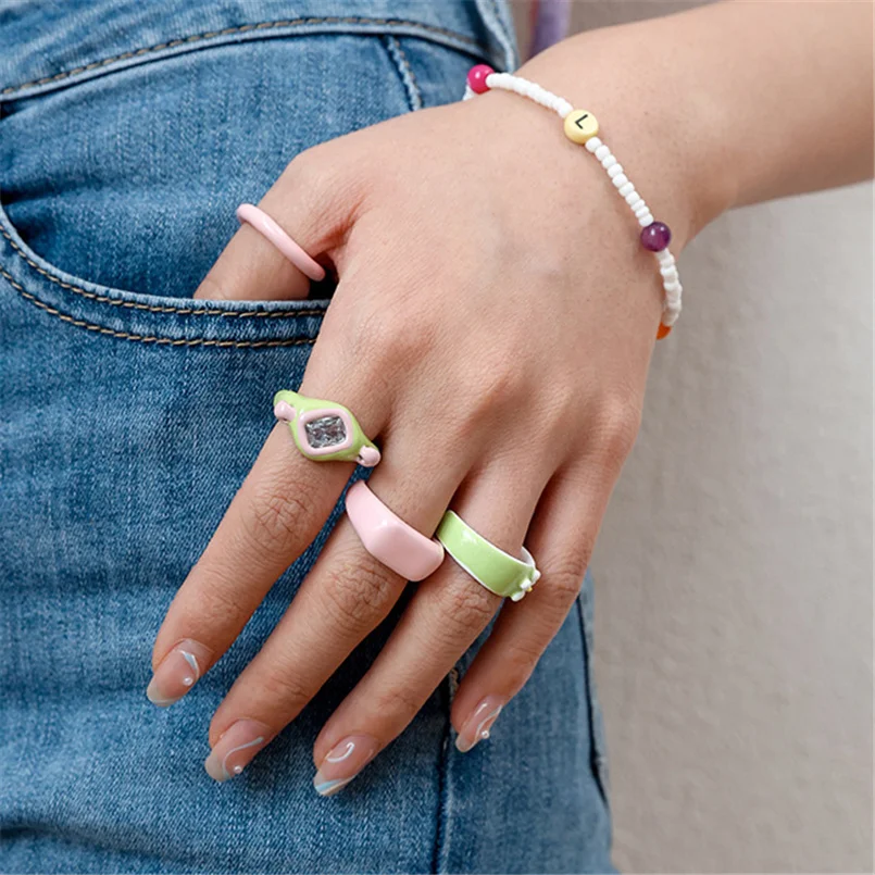 

Korean Style Green Enamel Rings For Women Zircon Crystal Irregular Geometric Ring Hip Hop Jewelry Y2K Accessories Gift