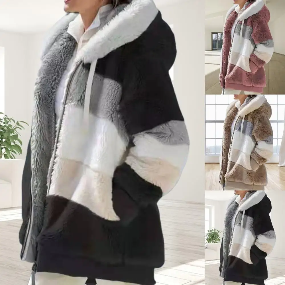 

Warm Long Sleeve Jacket Autumn Winter Plus Size 2021 Women Color Block Zipper Fluff Hooded Coat