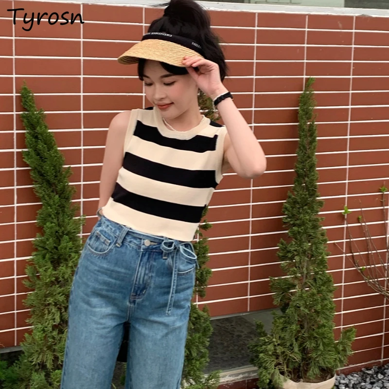 

Striped Tanks Women 4 Colors Classic Leisure Knitting All-match Popular Hot Girls Ins O-neck Summer Sexy Slim Ulzzang Streetwear