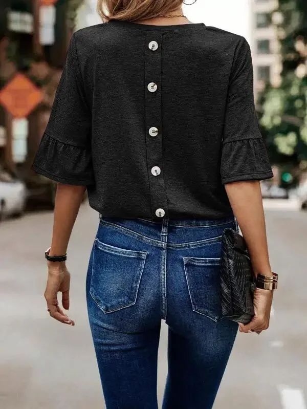 

Женская однобортная футболка, Однотонная футболка с рукавом в виде листьев лотоса, серого цвета, лето-осень 2023