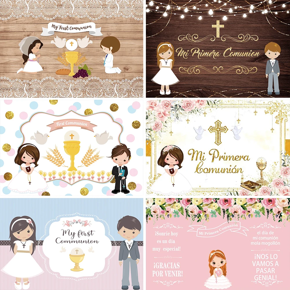 Тематическая фотография Mi Primera Comunion мальчик и девочка крещение золотой крест