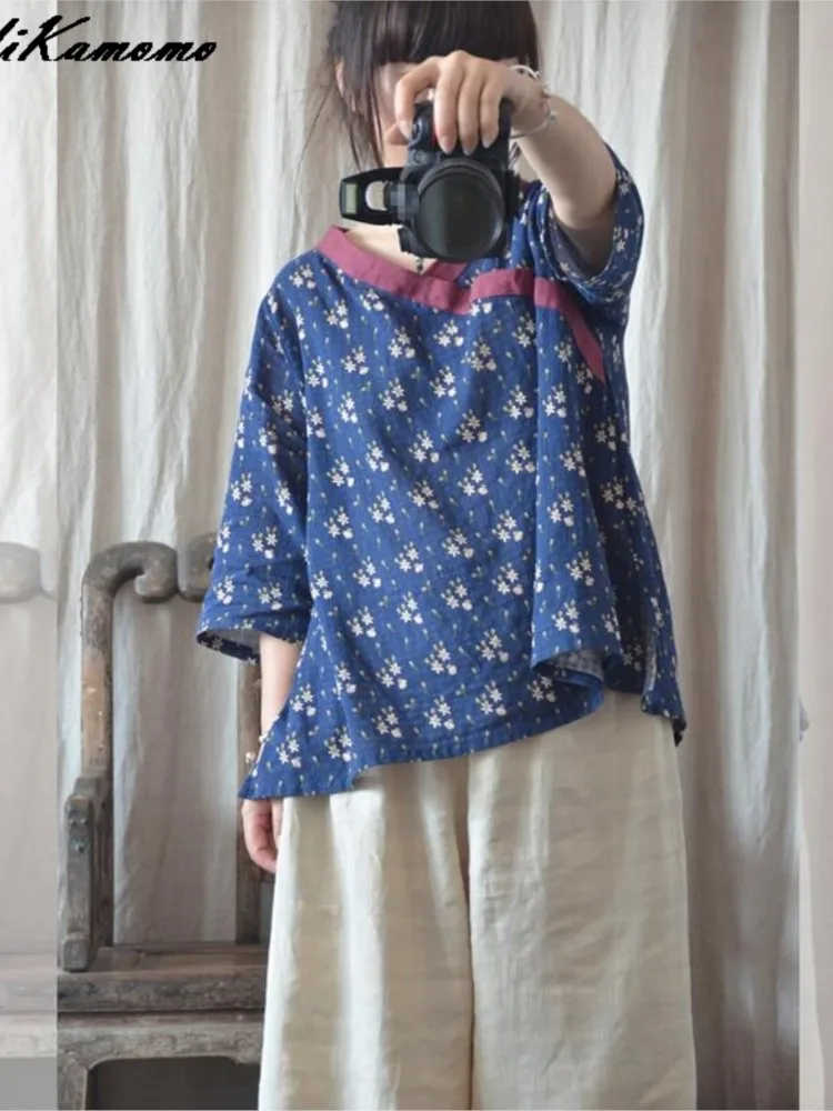 

YoYiKamomo Vintage T shirt Mori Girl Tops 2022 Spring Summer Loose Half Sleeve Thin Cotton Print Korean Fashion Blouse