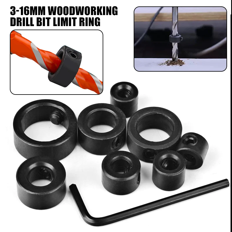 

Drill Depth Stop Bit Collar Set Adjustable Positioner Limit Ring Allen Wrench Tighten The Stopper Woodworking Drill Bit Limiter