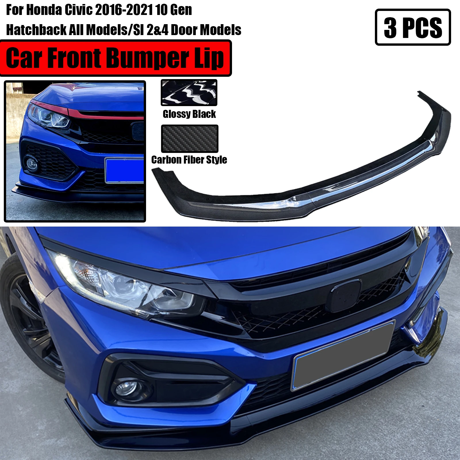 

3PCS GR STYLE Car Front Bumper Spoiler For Honda Civic 2016-2021 10 Gen FK7 Hatchback SI 2&4 Door Carbon Fiber Style Spiltter