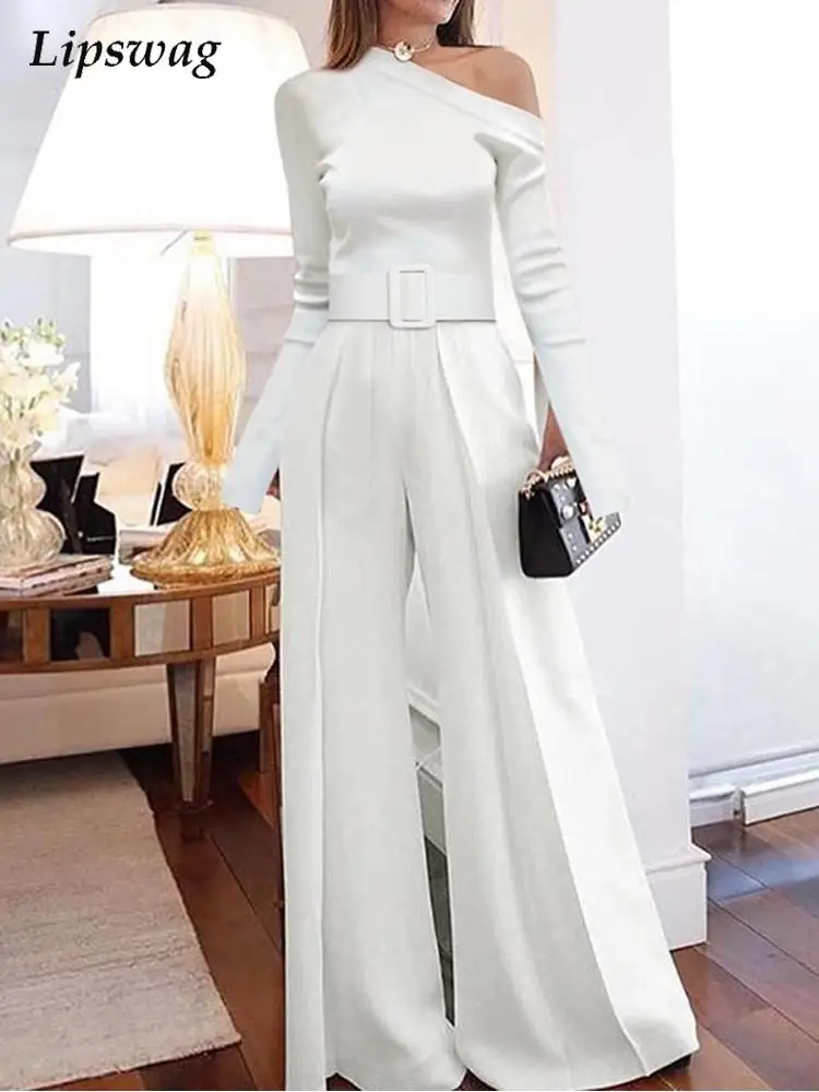 

Women Summer Sexy Solid Off Shoulder Playsuit Ladies Elegant Sashes Long Sleeve Jumpsuit New Casual Flare Pant Romper Overalls