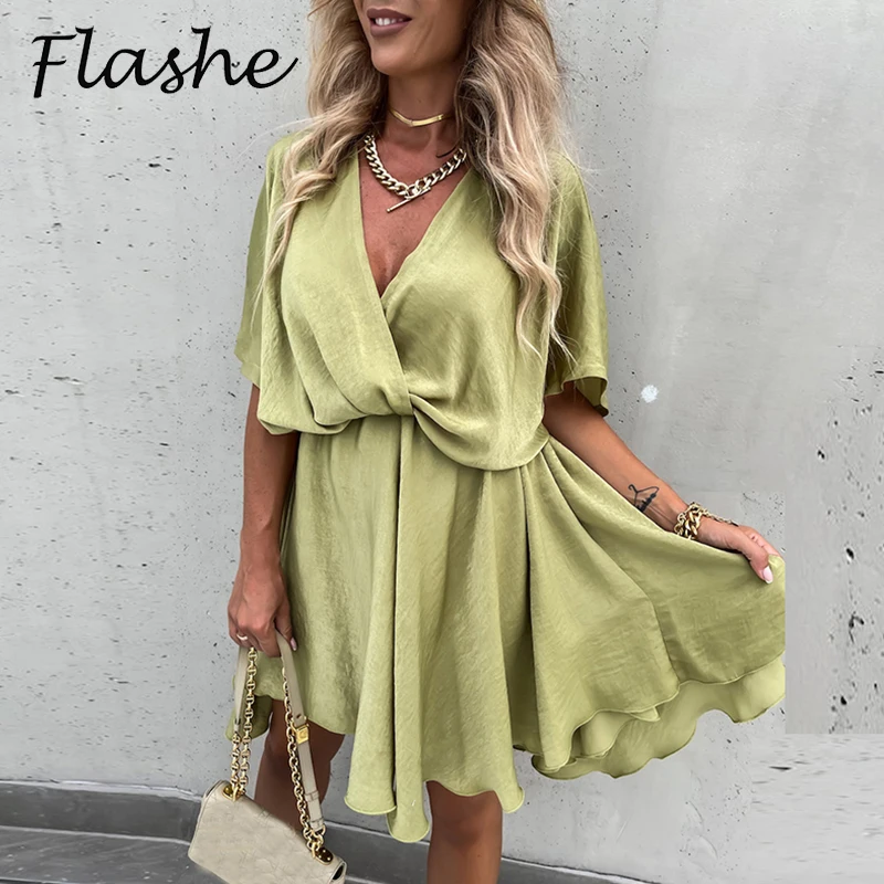 

Женское мини-платье с V-образным вырезом, однотонное свободное вечернее платье-трапеция с коротким рукавом и V-образным вырезом, элегантные ...