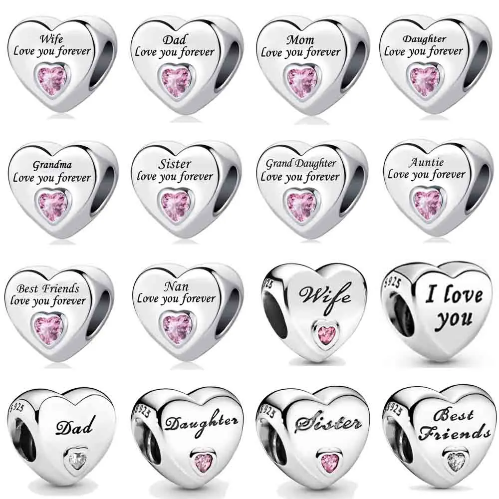 

New Hots 2023 Love you Forever Heart Mom Wife Dad Sister Best Friends Charm Beads fit Original Pandora Charms Silver 925 Bracele