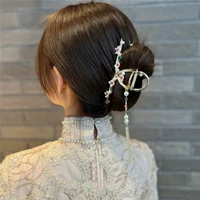 pearl flower tassel grab clip retro style ponytail hairpin womens fashion celebration hairpin jewelry