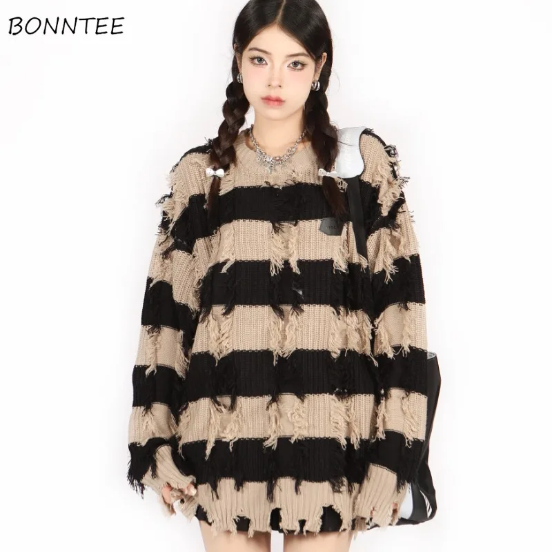 

Vintage Dopamine Pullovers Women Tassel Ripped Knitted Striped Autumn Winter Chic Harajuku Y2k Gentle O-neck Loose Causal Female