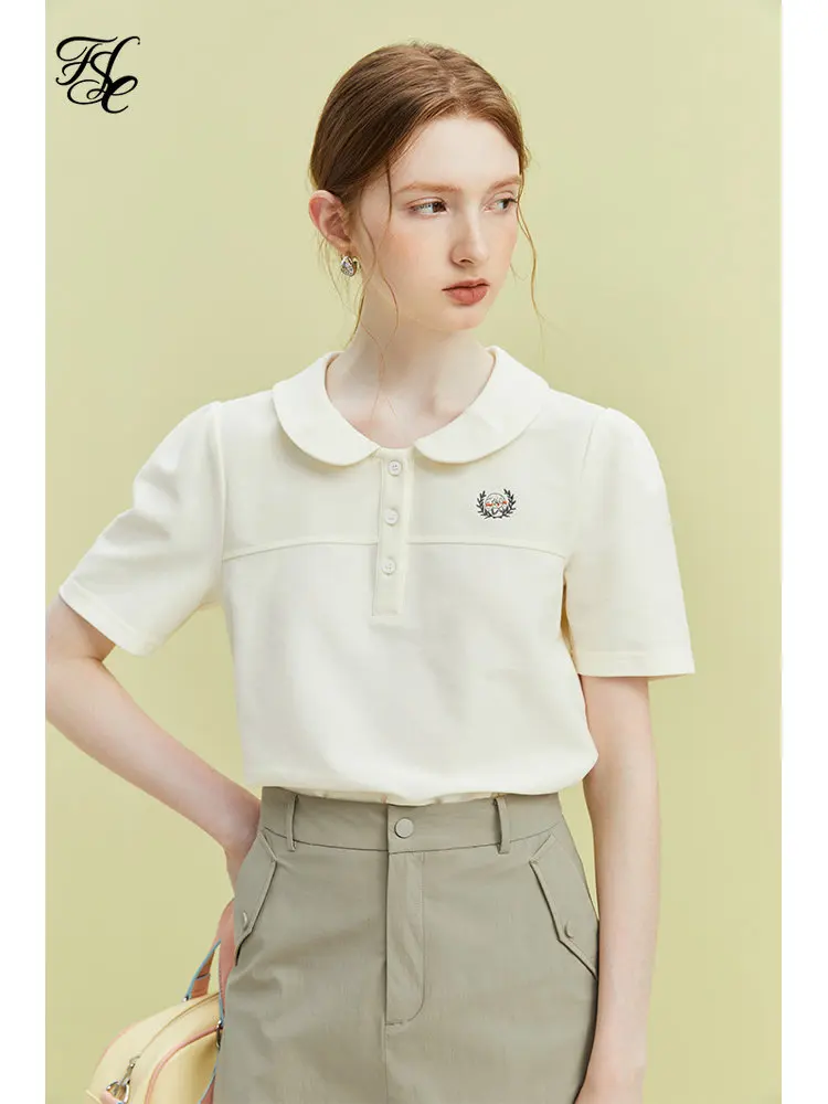

FSLE Women Peter Pan Collar Short Sleeve T-Shirts Micro Puff Sleeves Cropped T-Shirt 2023 Summer Women Cotton Tee Tops
