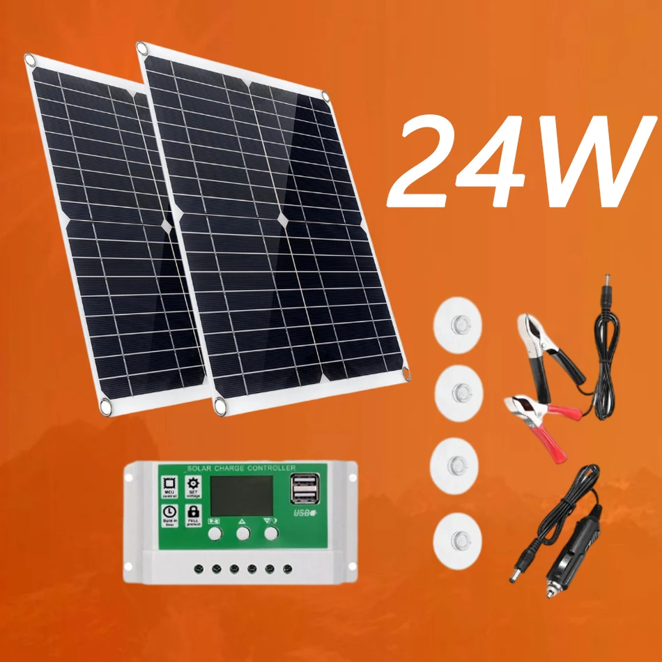 24W 100W Flexible Solar Panel 18V Dual USB Output 12/24VAutomatic Charging Panel Car Battery Cell Phone Solar Charger Piece Set