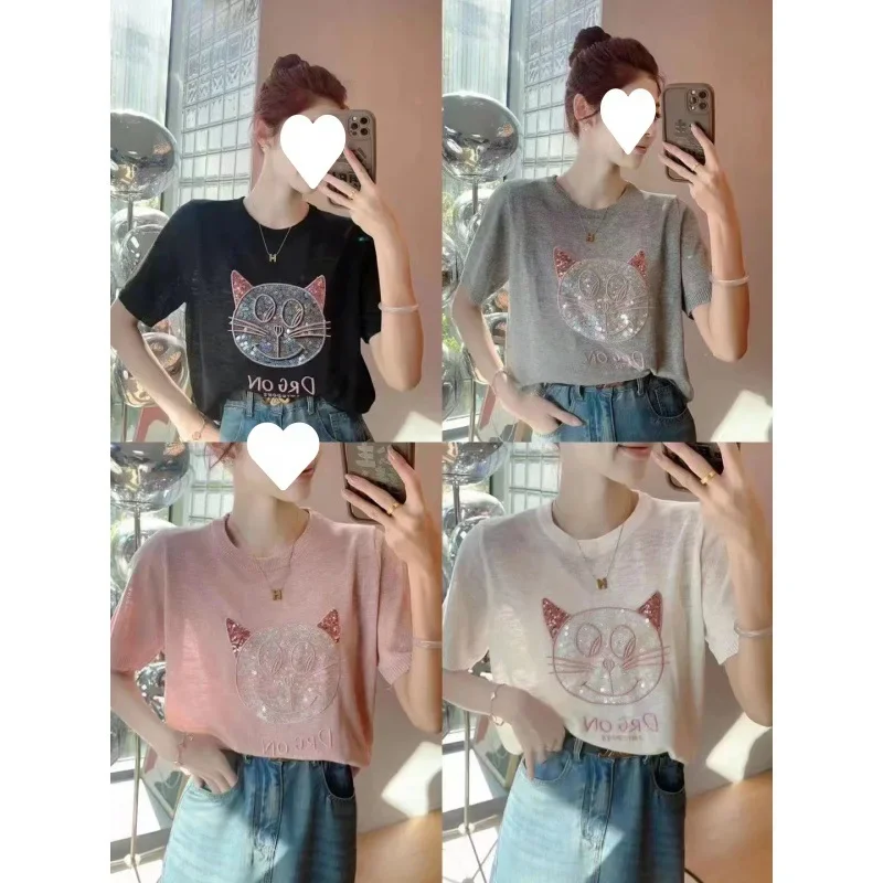 Белый вязаный Топ из ледяного шелка женский модный Свободный с коротким рукавом