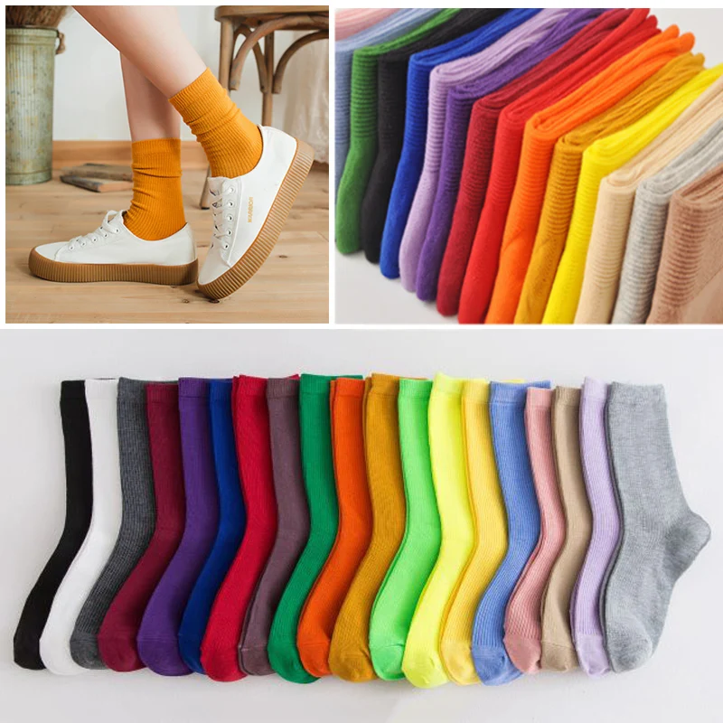 

Women Knitting Cotton Socks Stripe Comfortable Long Sock Breathable Solid Color Male Loose Socks Chausette Mujer Spring Autumn