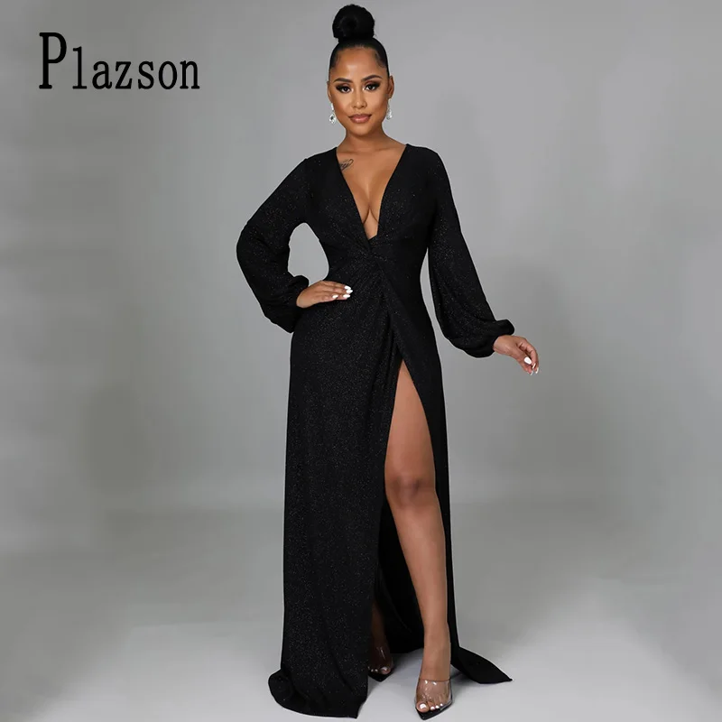 

Plazson Elegant V Neck Evening Party Club Floor Length Dress Women Sexy Long Sleeve Split On Long Dresses Robe Femme платье