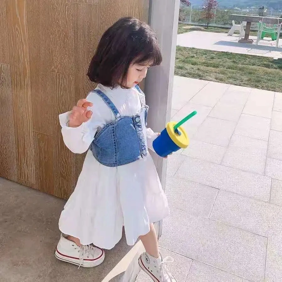 Girls Long Sleeve Dress Spring and Autumn New Children's Fashionable White Dress Vest Set Kids Baby Fashion Dress Set