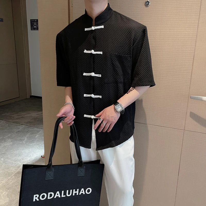 Chinese Style Buckle Shirts for Men 2022 Summer Short Sleeve Stand Collar Loose Shirt Casual  Social Oversized Tops Men Clothing