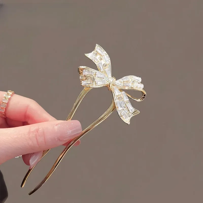 Модная циркониевая U-образная палочка для волос в стиле ретро с бантом новинка