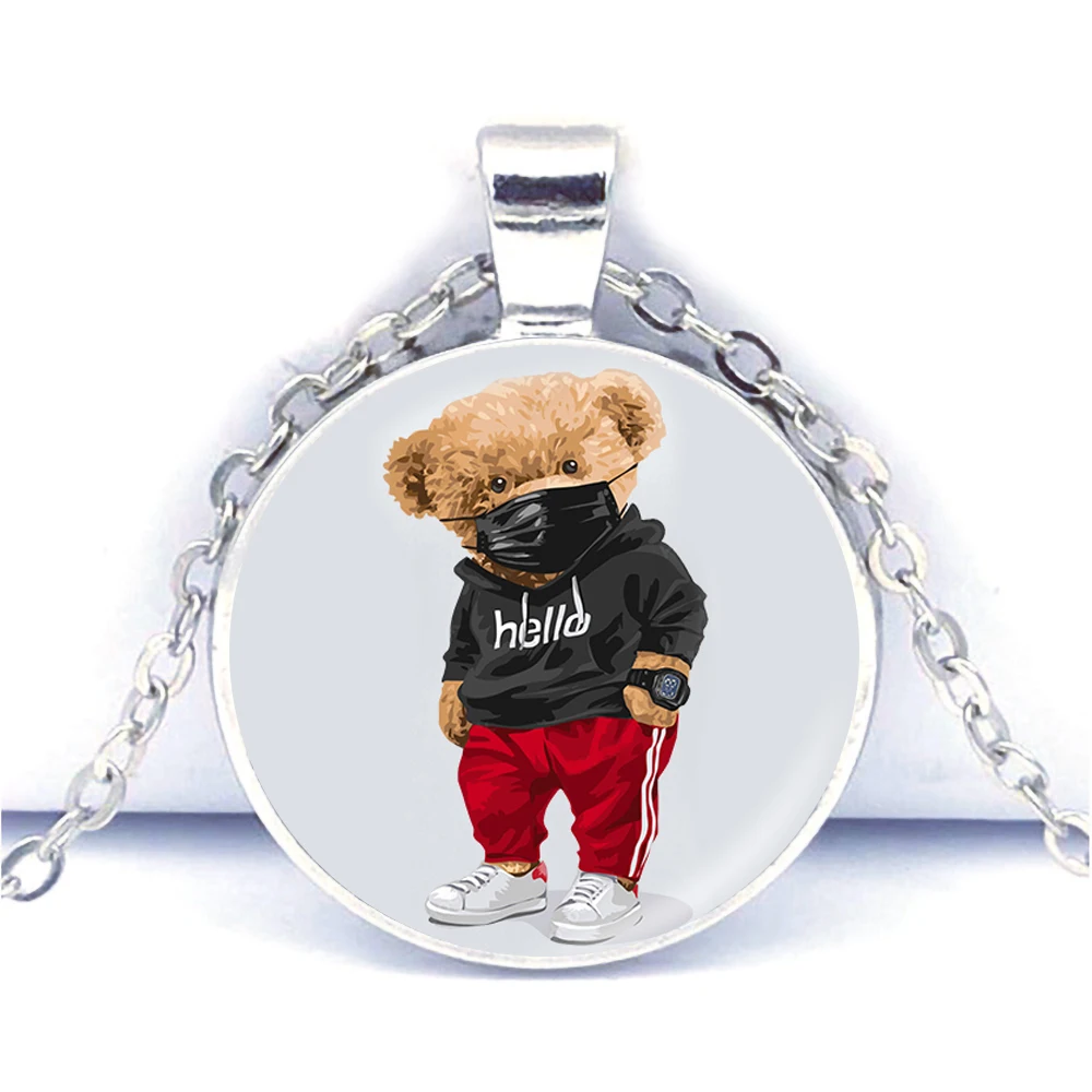 

New Mask Bear Anime Necklace Cute Teddy Bear Glass Cabochon Pendent Necklace Jewelry Gift Accessories