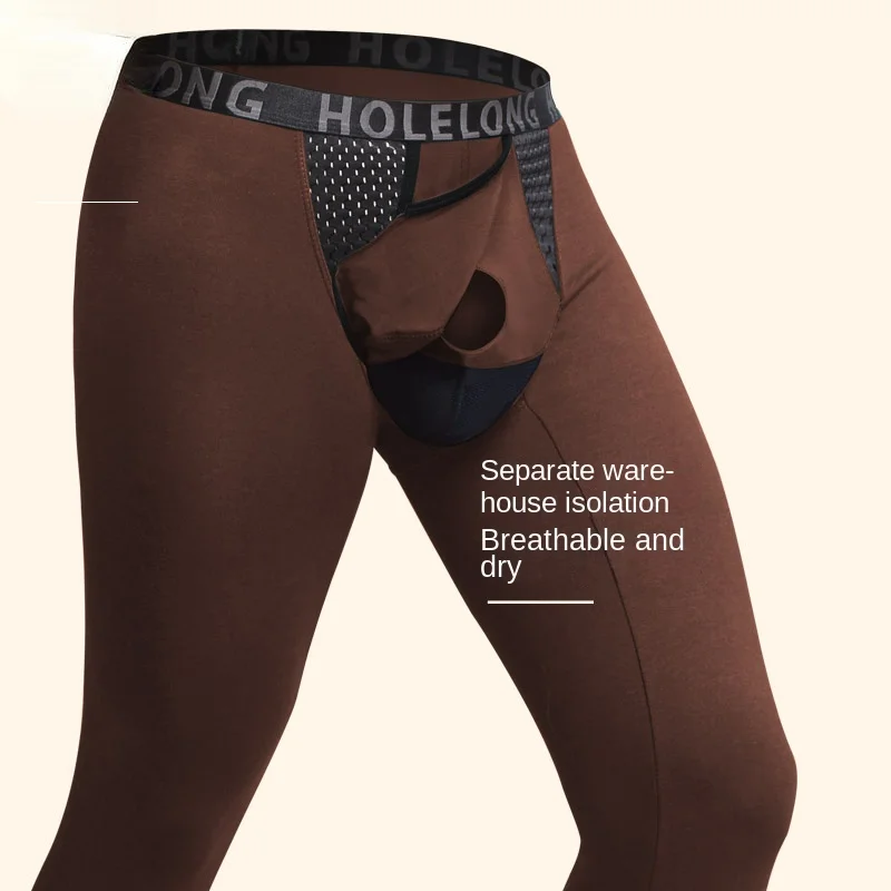 Men's Warm Pants Modal Long-Line Sexy Pants Bullet Separation Long Pants Scrotum Bag with Hole Penis Underwear Basic Legging Men