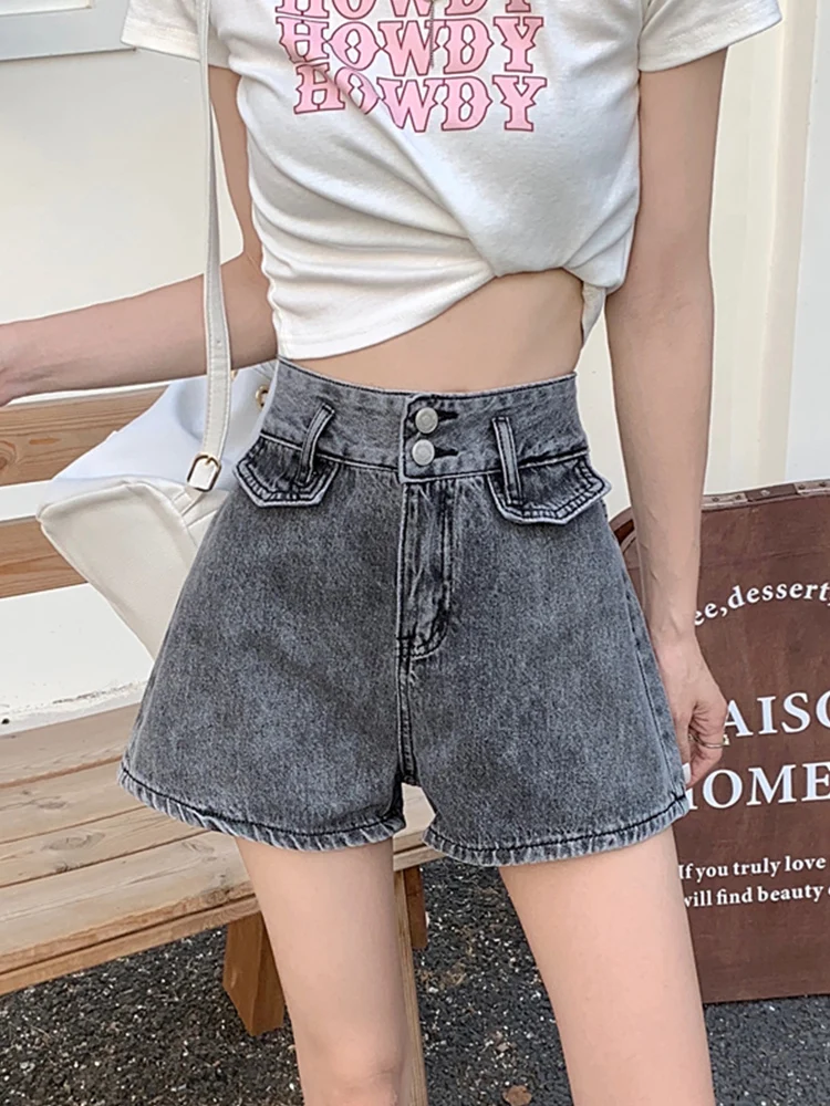 Streetwear Women Vintage High Waist Loose Blue Denim Shorts Spring Summer Female Button Wide Leg Jeans Shorts Bottoms