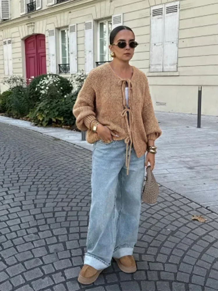 Коричневый вязаный кардиган на шнуровке с бантом модный повседневный свитер