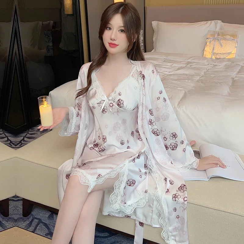 Женский комплект ночной рубашки с принтом из 2 предметов кружевной халат рубашка