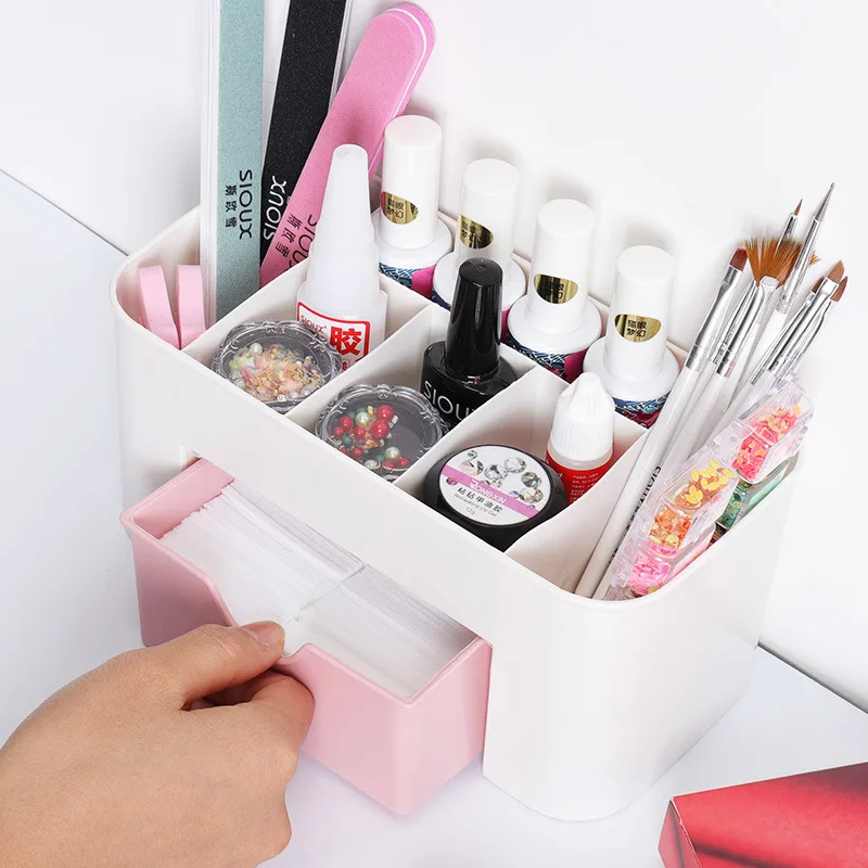 Nail Art Storage Box with Drawer Desktop Tools Nail Brush holder Nail Polish Lipstick Plastic Makeup Storage Box Manicure Tools