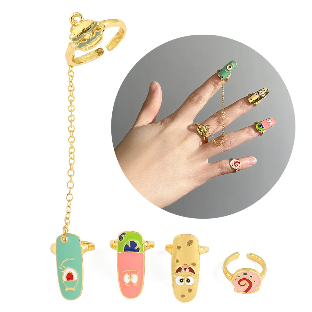 

Cartoon SpongeBob SquarePants Nail Ring Patrick Star Badge Enamel Rings for Women Opening Adjustable Fashion Rings Accessories