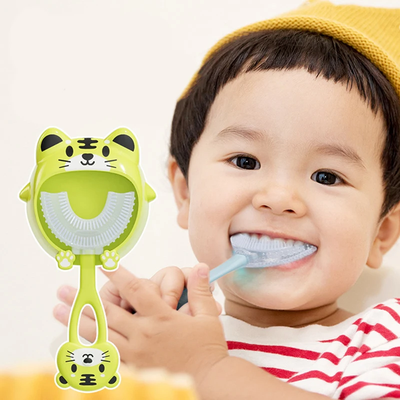 

Baby Toothbrush 360 Degree U-shaped Children's Teeth Oral Care Cleaning Brush Soft Silicone Toothbrush With Dust-proof Holder