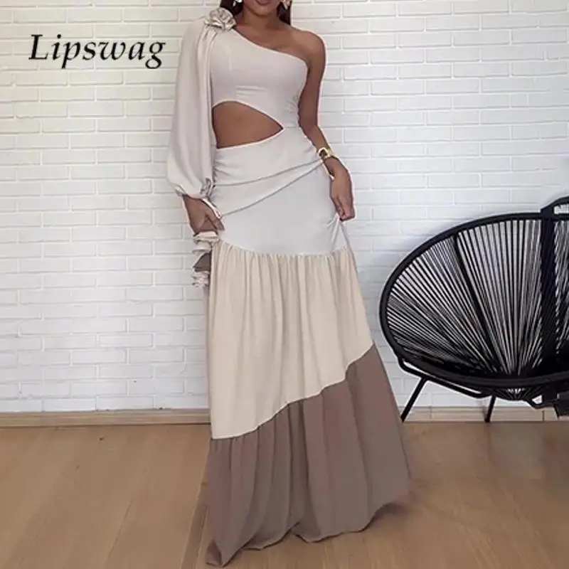 

Sexy One Shoulder Long Sleeve Long Dress Fashion Contrast Color Splicing Hollow Out Dress Elegant Backless Zip Slim Women Dress