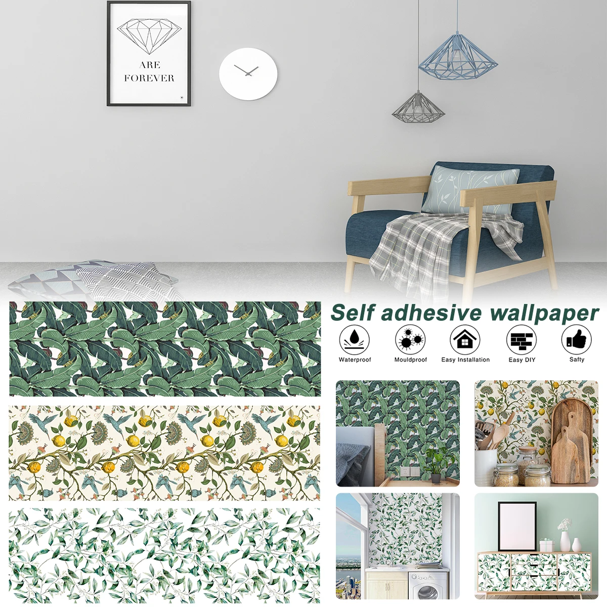 

Обои с зелеными листьями, элегантные самоклеящиеся декоративные обои, клеящиеся обои, практичное съемное настенное покрытие