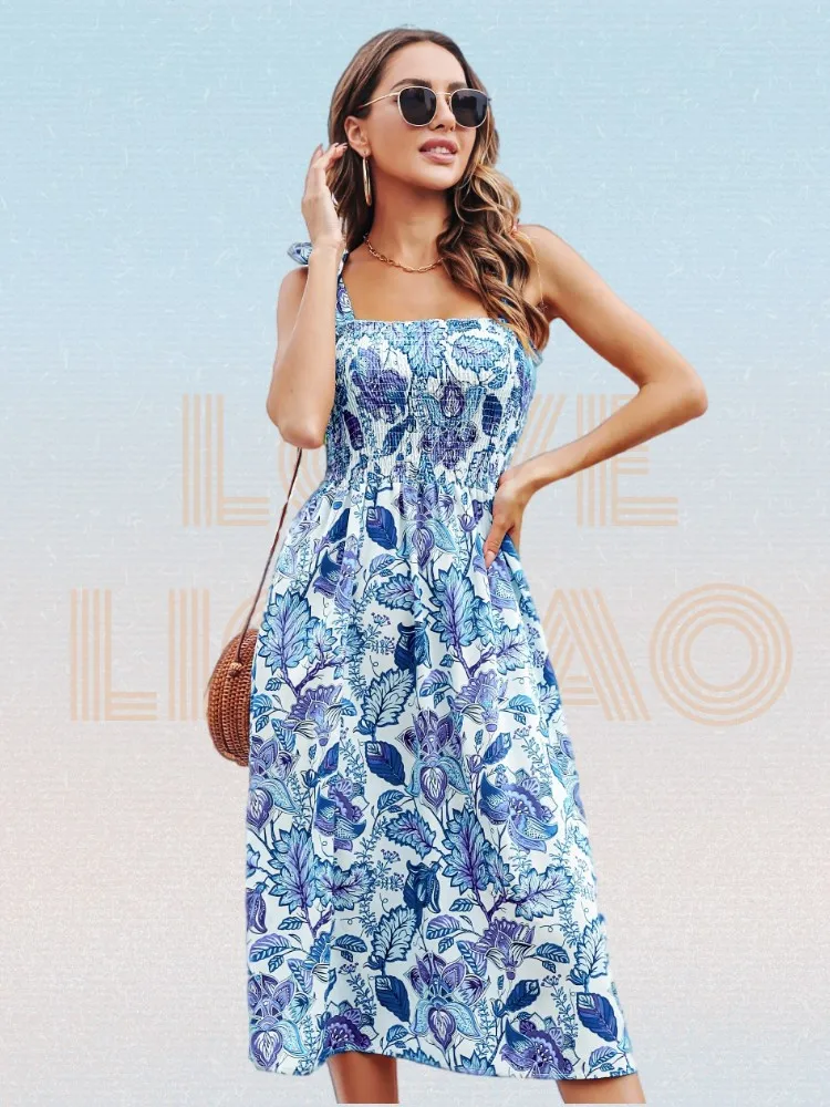 

Женское платье на бретельках с цветочным принтом, Летнее Длинное платье без рукавов с высокой талией и расклешенным подолом в стиле бохо