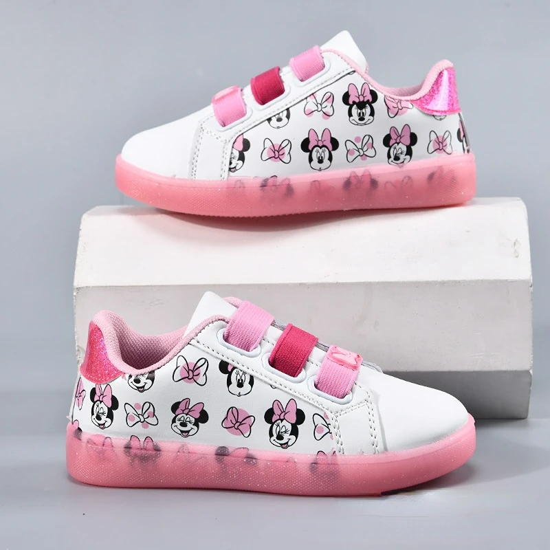 Disney Children's Casual Shoes Girls' White Pink Mickey Minnie Mouse Shoes Children's Casual Sports Flats Sneakers Size 26-31