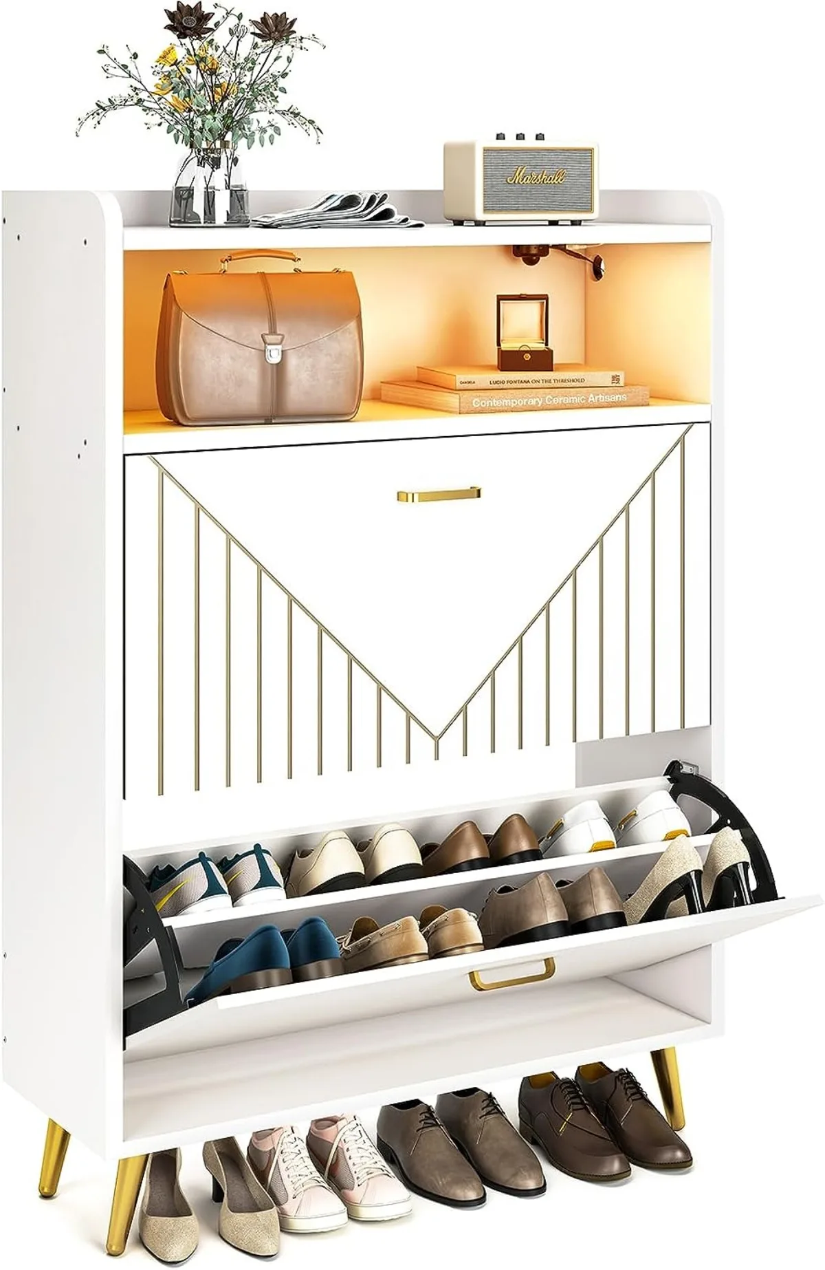 

Шкаф для обуви с откидными дверцами, деревянный отдельно стоящий шкаф для обуви с откидной крышкой и открытыми полками для шкафа, гостиной, белый