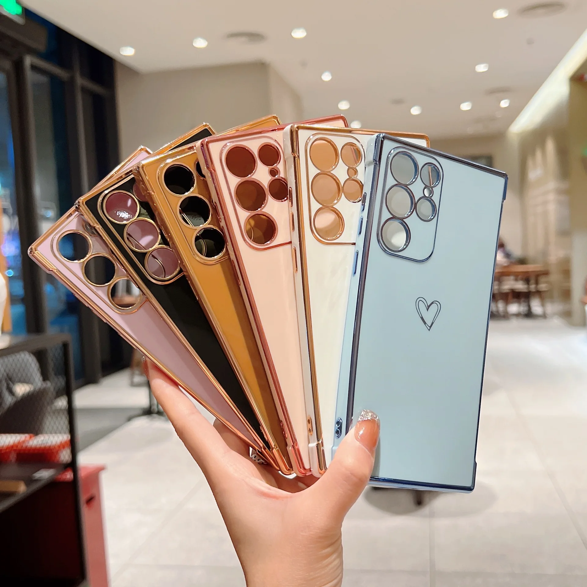 

Luxury Plating Case For Samsung Galaxy S22 Ultra S21 S20 FE A12 A13 A52 A53 S22 S21 Plus Love Heart Side Pattern Phone Cover