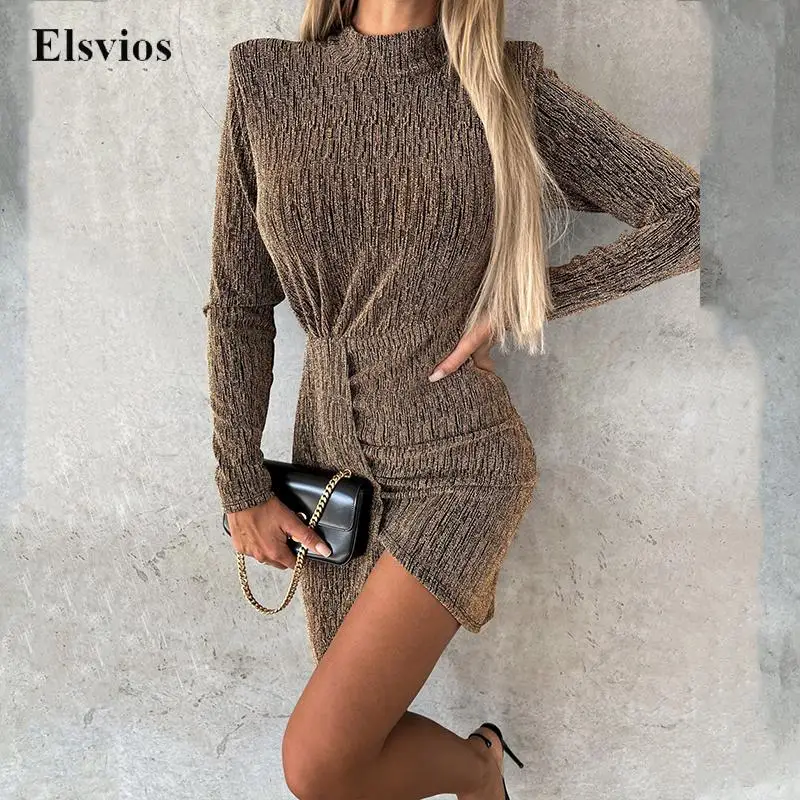 

Модное Вечернее платье с подкладкой на плечах для ночного клуба, женское элегантное облегающее плиссированное платье с высоким воротником,...